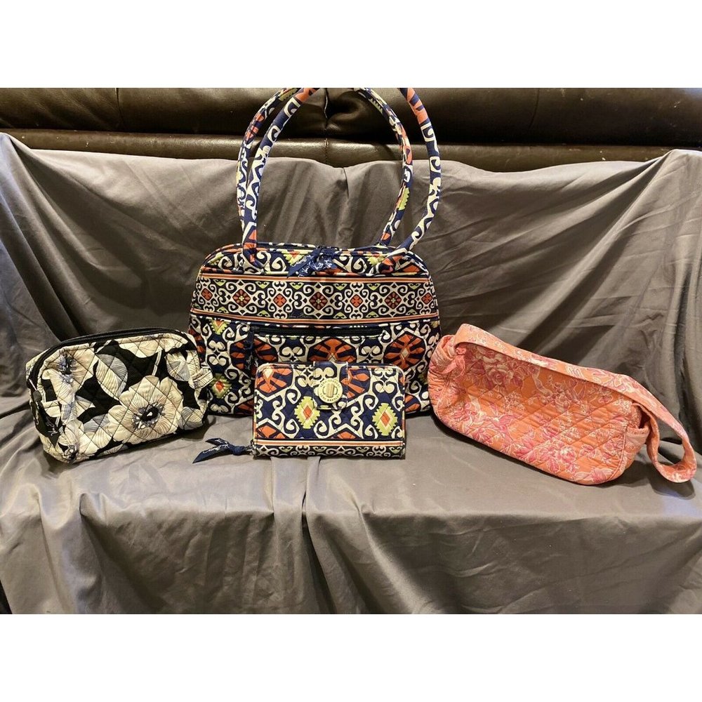 VERA BRADLEY Lot Large Purse With Matching Wallet And 2 Makeup Bags Pink/black